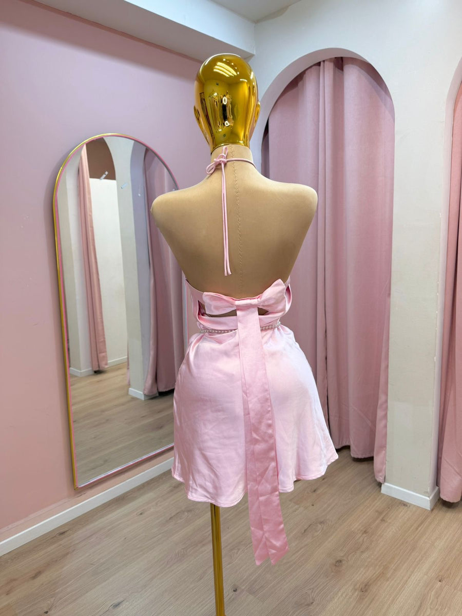 VESTIDO SATIN ROSA MOÑO ESPALDA – Hollywear
