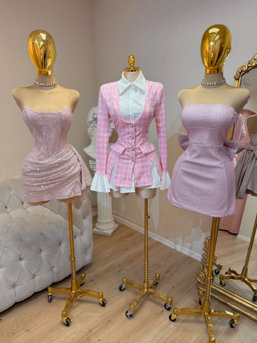 VESTIDO ROSA GLITTER MOÑO ESPALDA – Hollywear